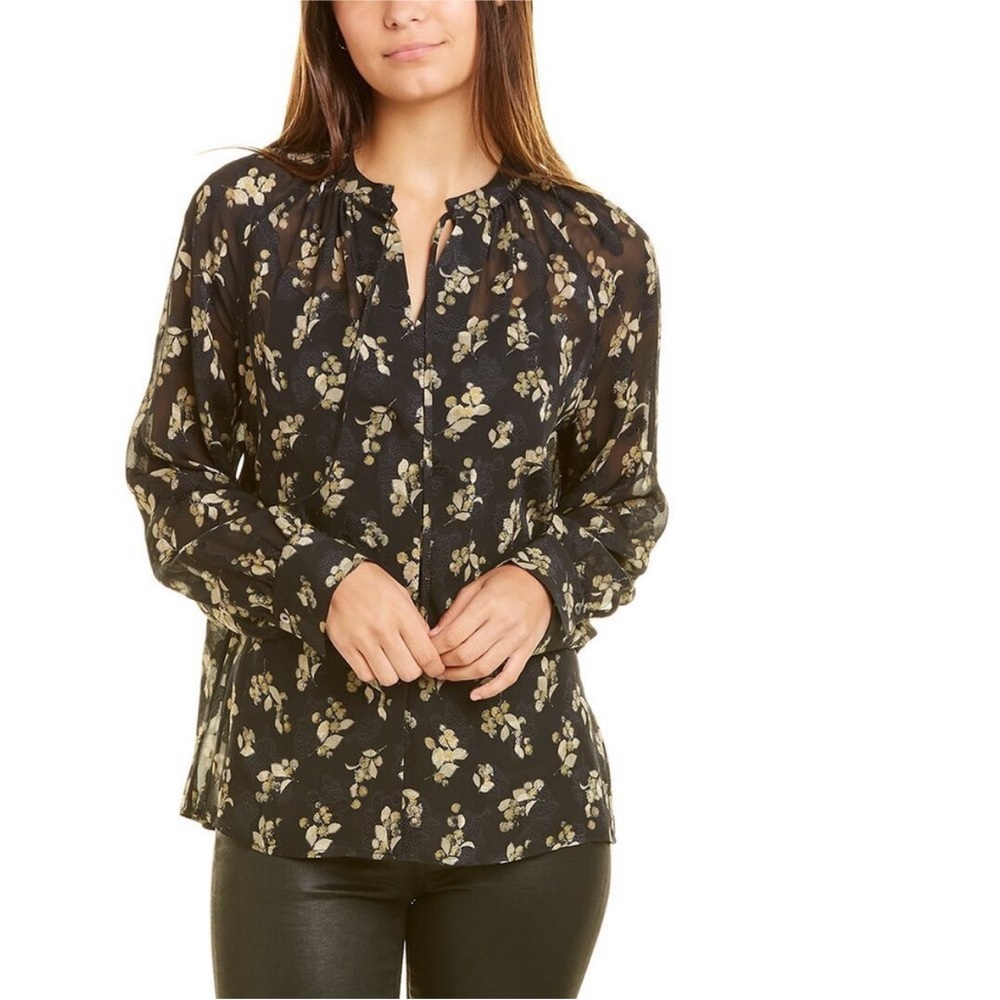 Vince Dandelion Poet Blouse Gathered Floral Print Silk Crepon Black Printed Top - Picture 2 of 13
